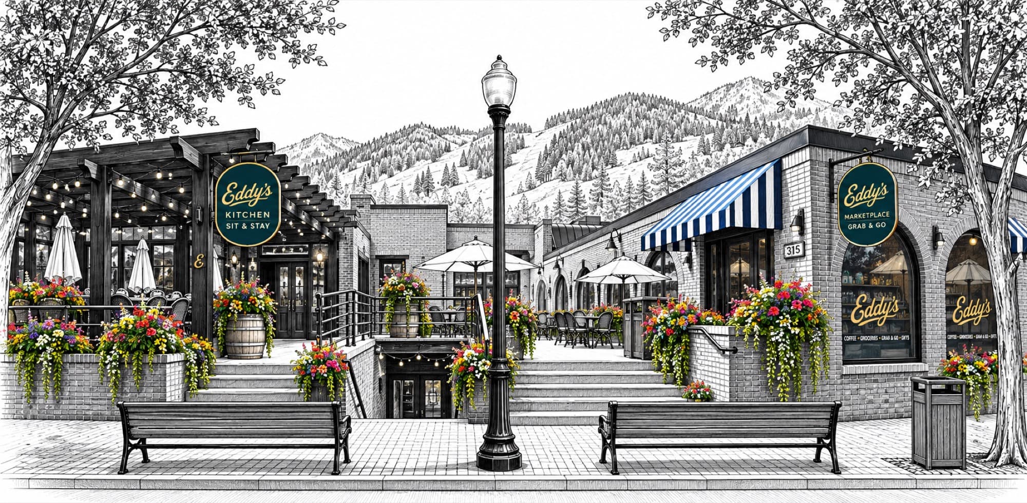 Illustrated storefront of Eddy's Marketplace at 315 E. Hyman with striped awnings