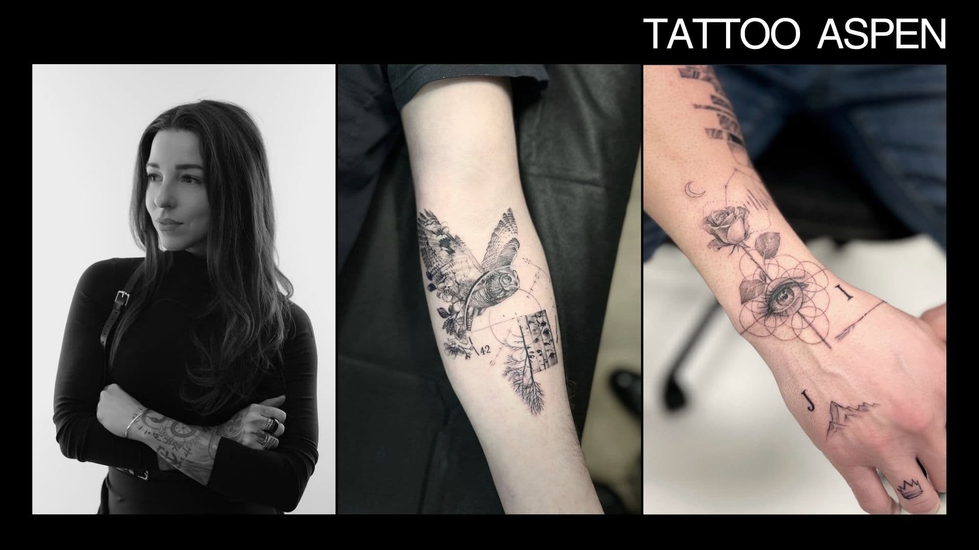 Tattoo Aspen collage of founder Trudy Lines and fine-line tattoo work